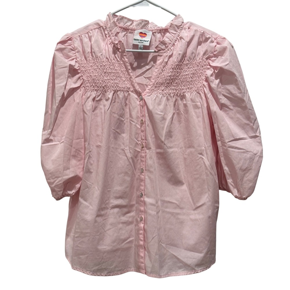 Hester & Orchard New York Pink Smocked Ruffled Neck Puff Sleeve Blouse Size‎ L